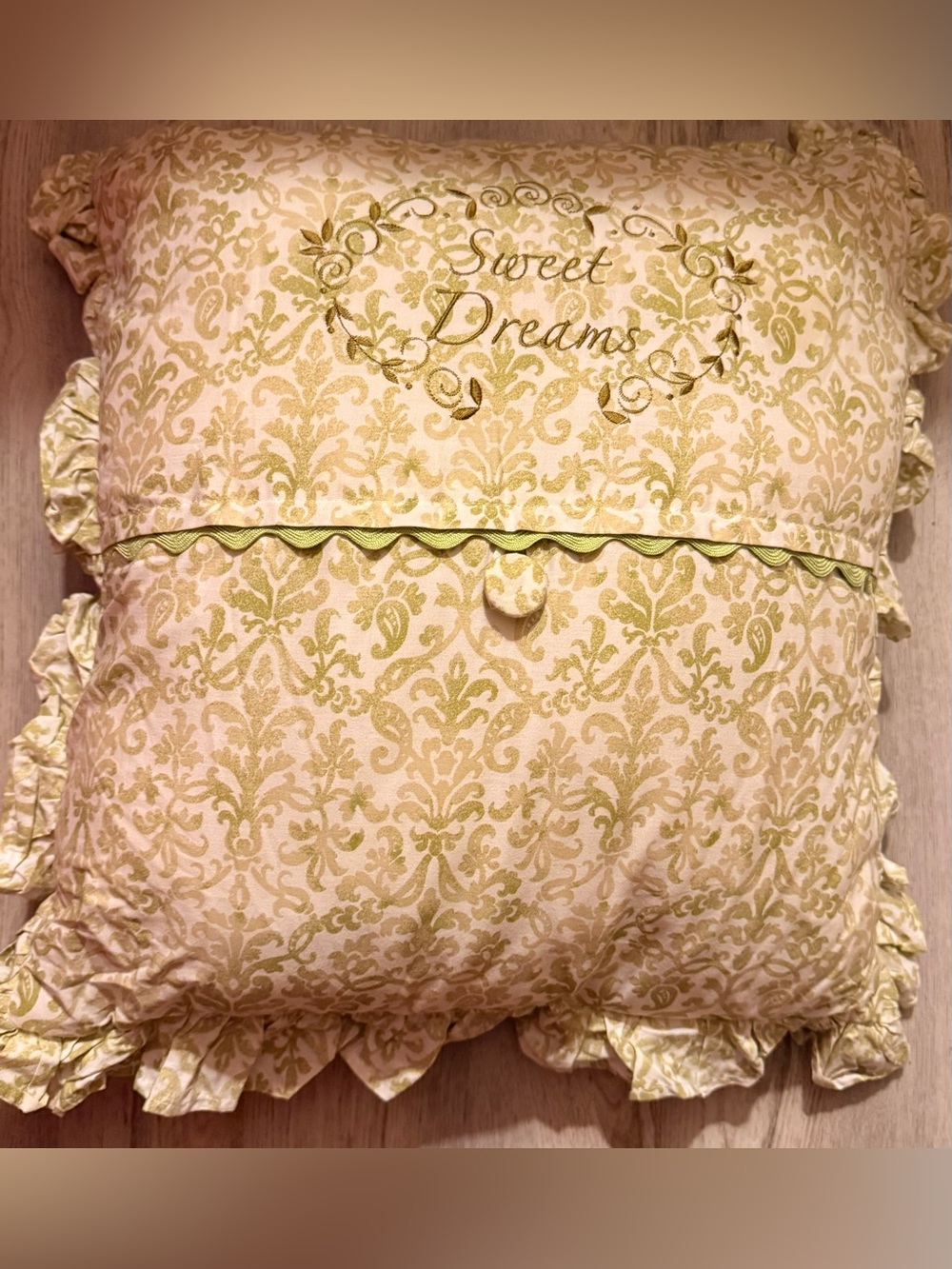 MaryJane's Farm Sweet Dreams Embroidered Ruffle Pillow Green Beige